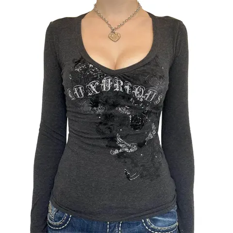 Women's Slim-Fitting Polyester Long Sleeve T-Shirt - 2000s Y2K Fairy Punk Gothic Vintage Print, Edgy Tops for Women, Casual Streetwear Fashion Letter Fitted Top