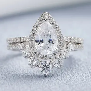 1.5 Ct Halo Pear Cut 925 Silver Engagement Ring Set for Women Cambered Wedding Band High Grade Cz Luxury Bridal Jewelry #Love Story