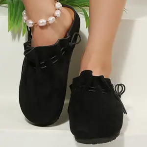 Slip-On Suede Mules for Women Drawstring Ruched Detail Comfort Flat Clogs Indoor Outdoor Shoes