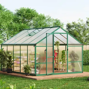 Garvee 8X10 FT Greenhouse for Outdoors, Large Walk-in Polycarbonate Greenhouse Kit, Aluminum Frame, Lockable Door, Roof Vent, Ground Spikes, for Garden, Patio, Backyard, Outdoor Plant Growth