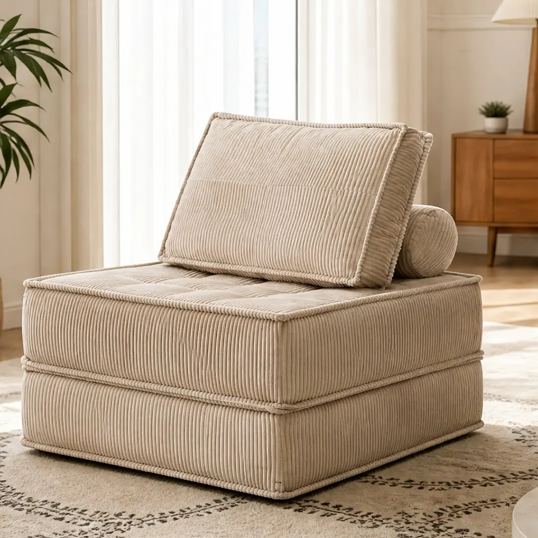 ARCH Striped Modular Single-Seater Comfy Couch - 66.9" Long Corduroy Convertible Boneless Chair, Wide Arm, Skin-Friendly Fabric, Camel Color, Foam+Spring Padding, 33.00 lb, No Assembly Needed for Living Room/Bedroom, Boneless Couches, Wide Arms