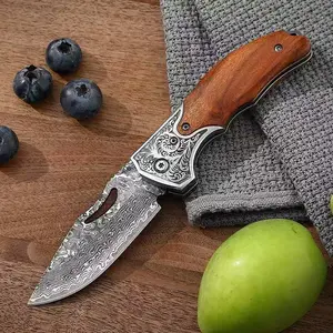 Damascus steel multi-function knife with solid wood handle, combining aesthetics and texture; compact size for portability, suitable for opening boxes and cu