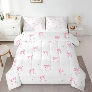 Bow Printed Warm Quilted Comforter Set, 1 Comforter + 2 Pillowcases, Soft and Comfortable Breathable Bedding Supplies, For Men, Women and Kids, Widely Used in Bedroom, Dorm, Apartment, Rental Home and Daily Living