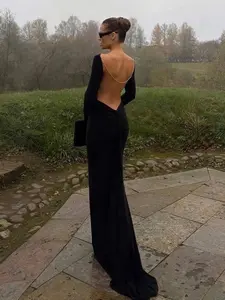 Dark Goth Style Black Deep Backless Metal Chain Panel Dress. Sexy Elegant Retro Minimalist Solid Color Long Sleeve Maxi Dress. High-End Banquet Formal Occasion Party Dress. Chic Elegant Fit. Elegant Fitted Dresses
