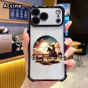 Compatible with iPhone 17 16 Pro Max 15 Plus 14 13 12 11 E Air Phone Case Cowboy at Sunset Pattern Transparent Full Coverage Four Corners Anti-drop Casing
