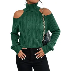 FMEYOA Womens Cold Shoulder Turtleneck Sweaters 2023 Fall Long Sleeve Soft Cable Knit Pullovers Sexy Jumper Tops B6X239