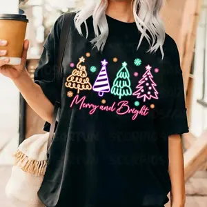 Merry And Bright Neon Christmas Shirt, Christmas Tree Sweater, Christmas Coquette Bow Hoodie, Merry Xmas Sweater