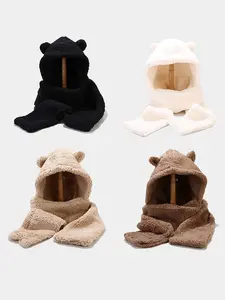 Women's Kawaii Bear Ear 2-in-1 Beanie Scarf | Japanese Fluffy Thicken Sherpa Fleece Winter Warm Hat Funny Cap