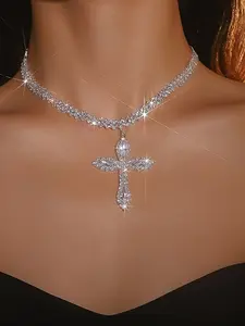 1pc/Luxury Cross Necklace Zircon Pendant Collar Chain Cuban Link Women Party Daily Hip Hop Accessory, Elegant Jewelry Gift for Her, Zirconia Cross Pendant