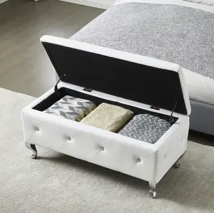 Upholstered Storage Ottoman Bench For Bedroom End Of Bed Faux Leather Rectangular Storage Benches Footrest With Crystal Buttons For Living Room Entryway (White)