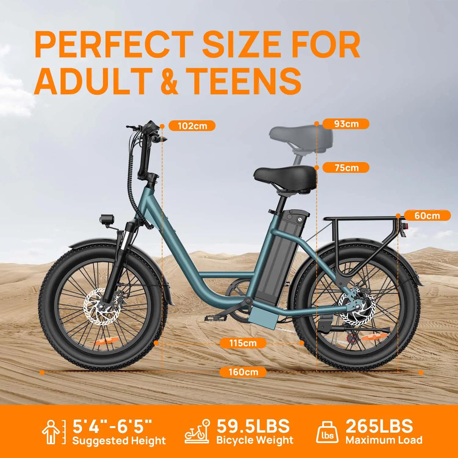 E20 Electric Bike, 20"x3" Fat Tires, 745W Peak Motor, 48V 13Ah Battery, Up to 80 Miles Range, 20 MPH, 7-Speed, Step-Through Frame