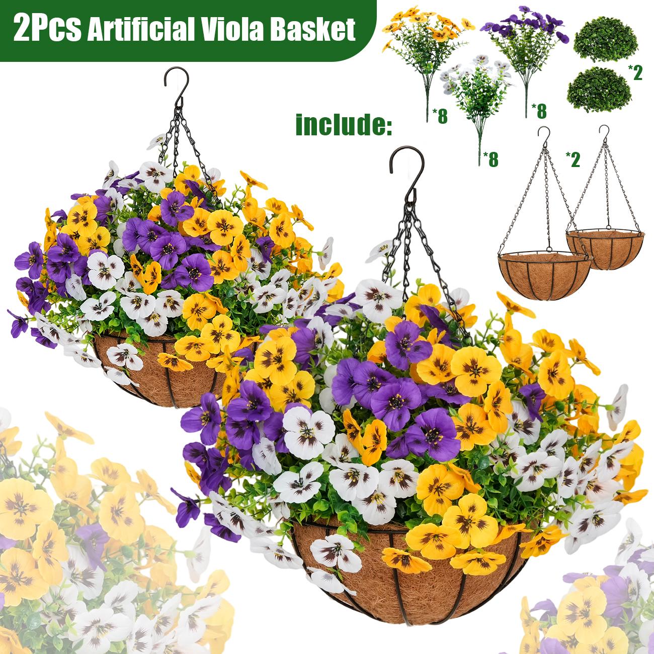2Pcs UV-Resistant Outdoor Indoor Hanging Flower Baskets, Artificial Flowers for Outside, Pansy Hanging Planter, No-Fade Floral for Porch, Garden, Balcony & Fence Decor