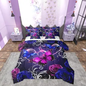 Cute Butterfly Comforter Set with Sheets 7 Piece 3D Butterflies Bed in a Bag Kids Boys Girls Galaxy Dreamy Bedding Set Glitter Rose Floral Microfiber