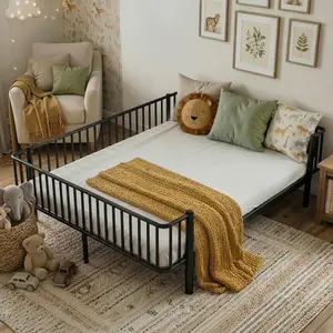 Queen Size Metal Daybed Platform Bed Frame for Kids Girls Boys , Sturdy Steel Slat Support Daybed Sofa, No Box Spring Needed,Black