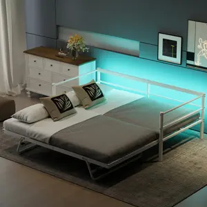 【Bellemave】Twin Size Metal Daybed with LED and Adjustable Trundle, Pop Up Trundle, White