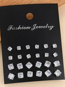 12 Pairs of Exquisite Square Stud Earrings, Stud Earring Jewelry, Made of Stainless Steel, With White Cubic Synthetic Zircon, Designed in a Minimalist Casual Style for Both Men And Women As Gifts