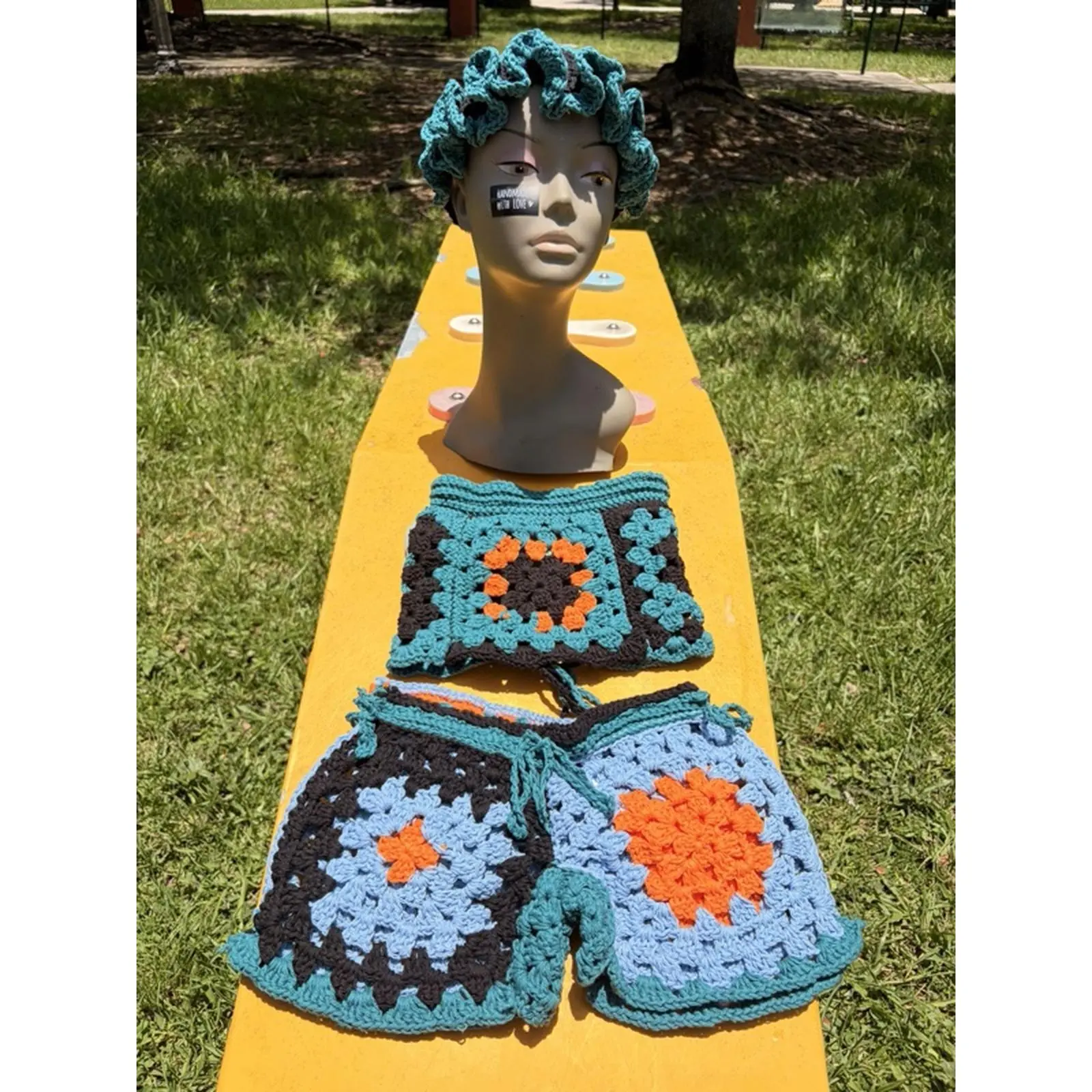 Small Size Crochet Shorts with Orange Floral Design and Teal Accents