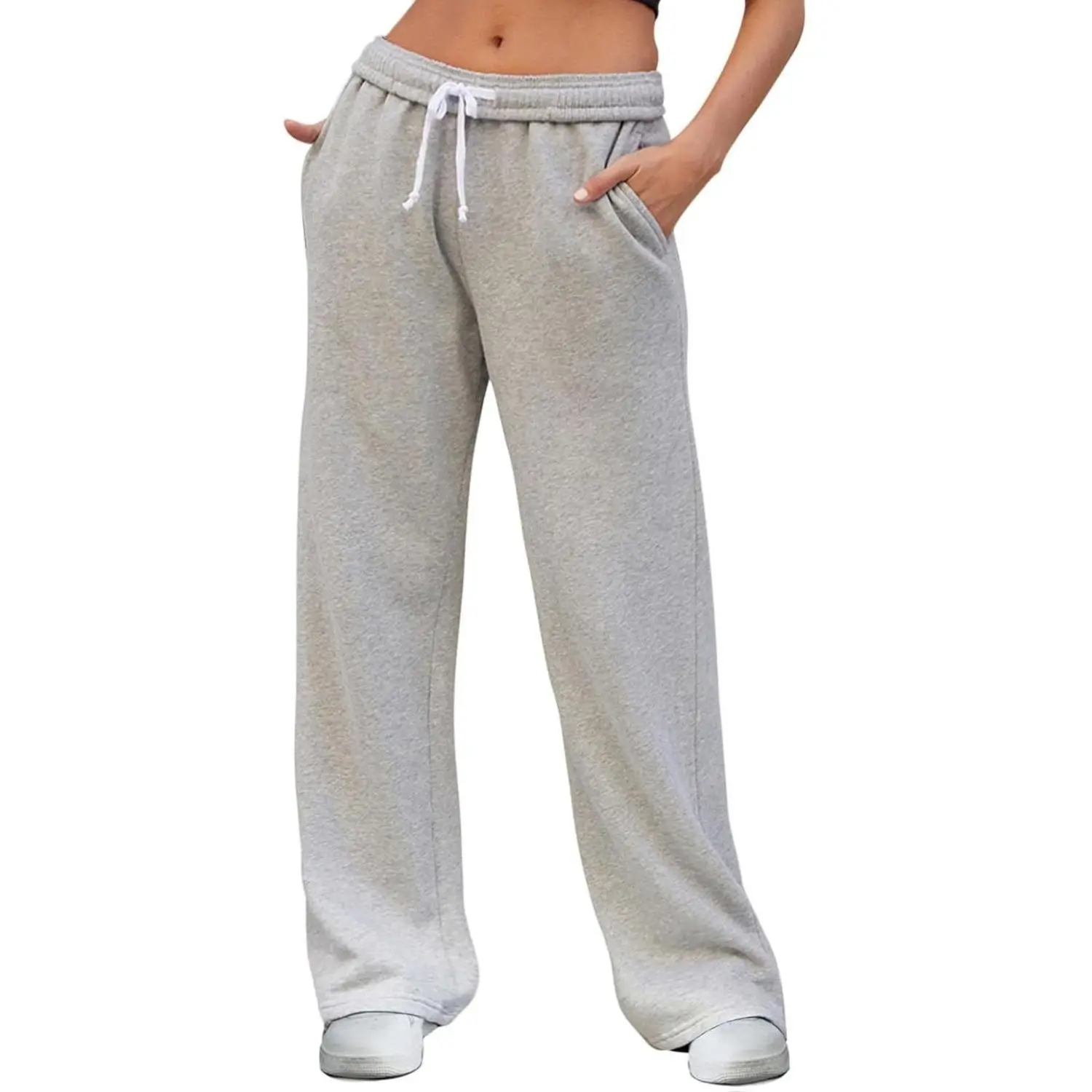 Women's Wide Leg Sweatpants High Waisted Baggy Interior Drawstring Sweatpants Straight Leg Sweat Pants with Pockets & Open Bottom for Casual Wear