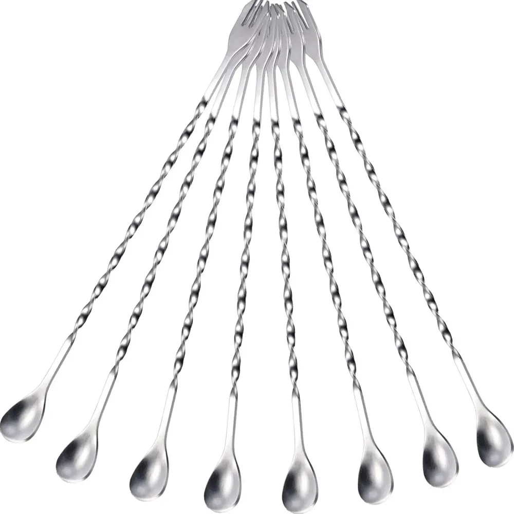 8-Pack Silver Corrosion-Resistant Stainless Steel Bar Spoons - 10 in Long Handle, Spiral Grip Kitchen & Bar Utensils for Stirring Drinks, Shaker-Compatible, Elegant
