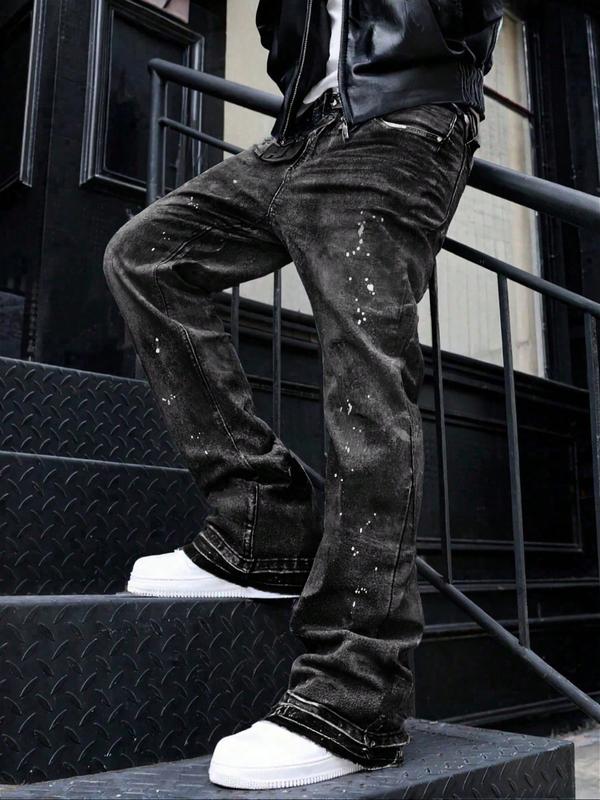 Men's High-End Casual Loose Fit Jeans, All Seasons Button Fly Zipper Micro Flare Pants, Plain Washed Denim Bottoms