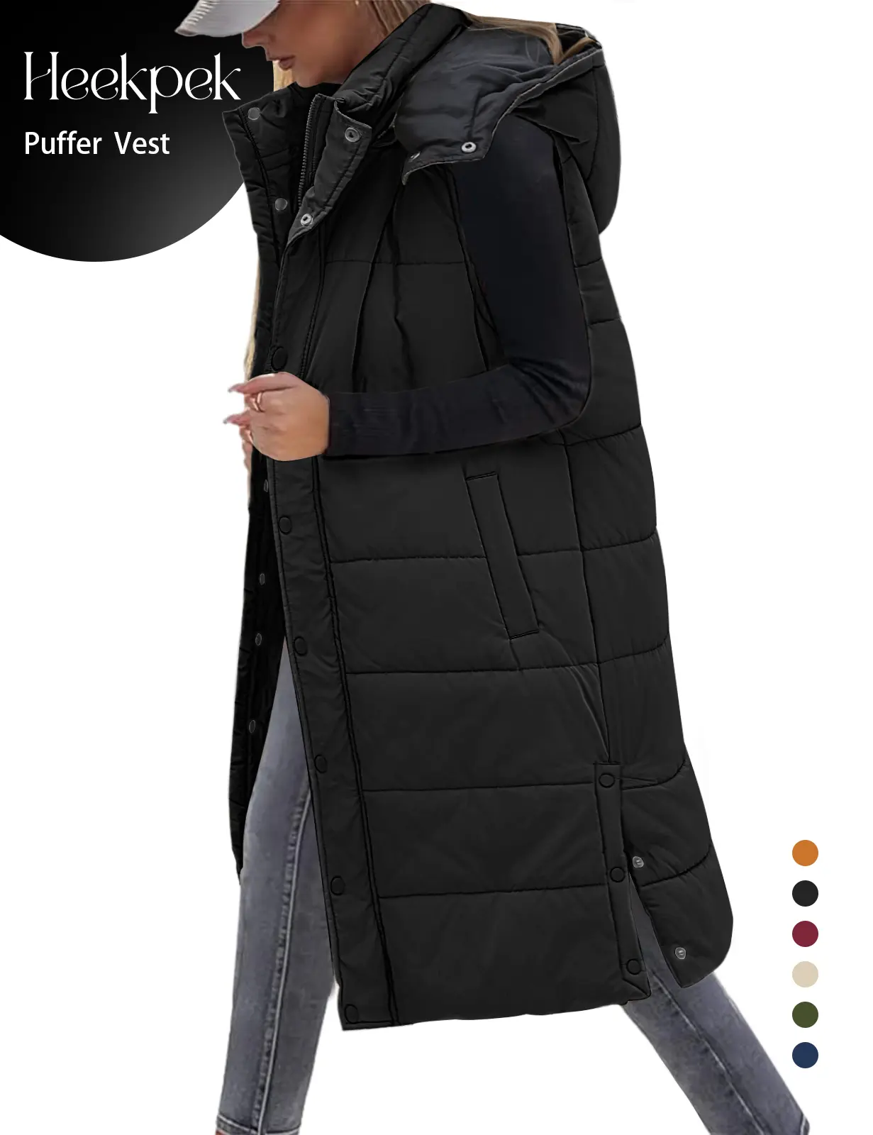 HEEKPEK Women's Long Puffer Vest with Hood, Casual Sleeveless Down Winter Coat with Pockets for Extra Warmth, Hoodie, Basic, Tops, Layer Over Tops, Long Cut Covers More Area