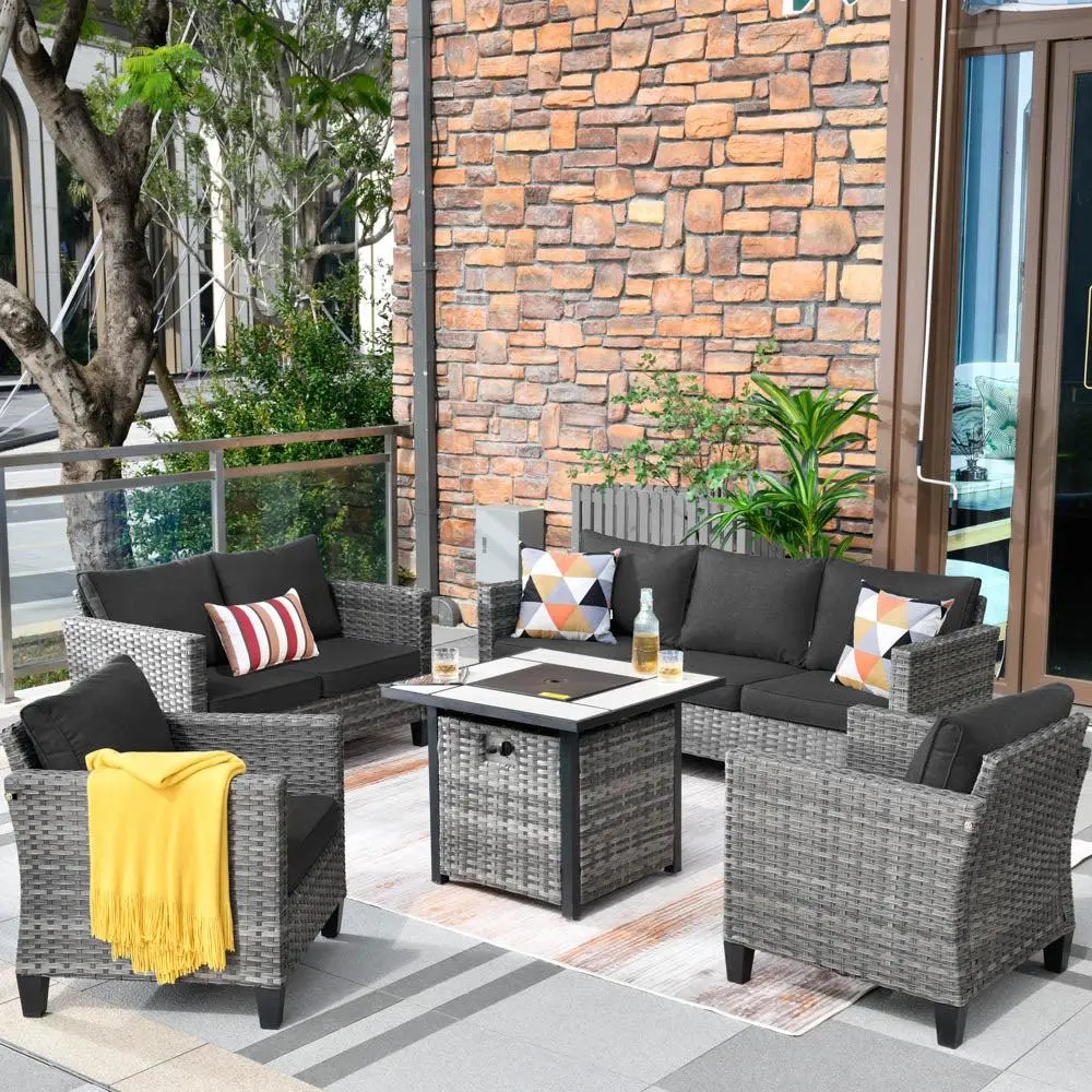 【Summerfinds】Ovios Outdoor Patio Conversation Set Vultros 7-Person Seating & Propane Fire Pit Table & All-Weather Wicker Furniture for Backyard Patio