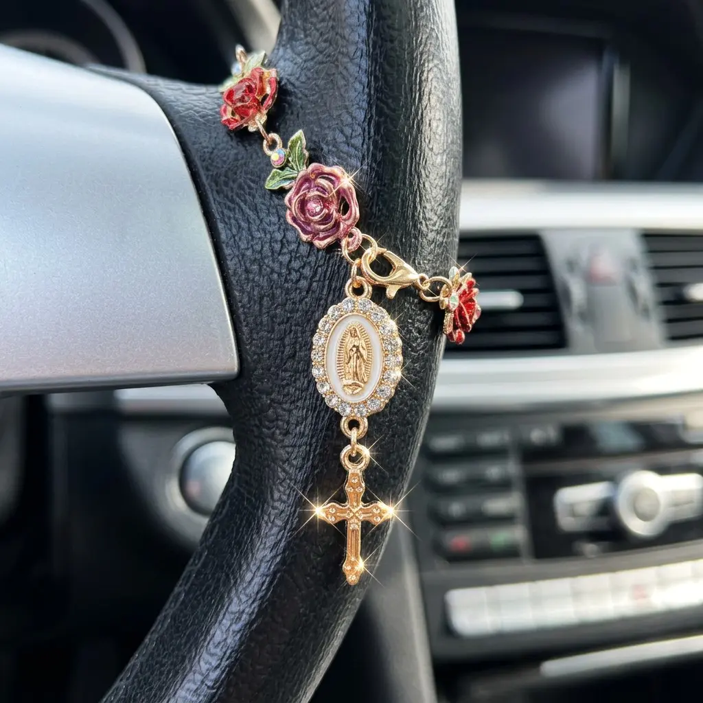 Car Steering Wheel Rosary Beads Religious Hanging Accessory, Cross Pendant for Car Decoration, Suitable for Men and Women