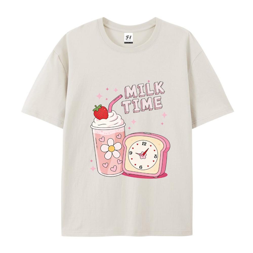 Milk Time Cute Strawberry Milkshake Retro Kawaii Graphic T-Shirt for Men & Women  Top