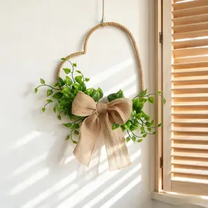 Heart-Shaped Decorative Ring with Artificial Greenery & Bow Tie, Living Room Bedroom Window Sill Decoration, Home Accent, Fashionable Heart Decor