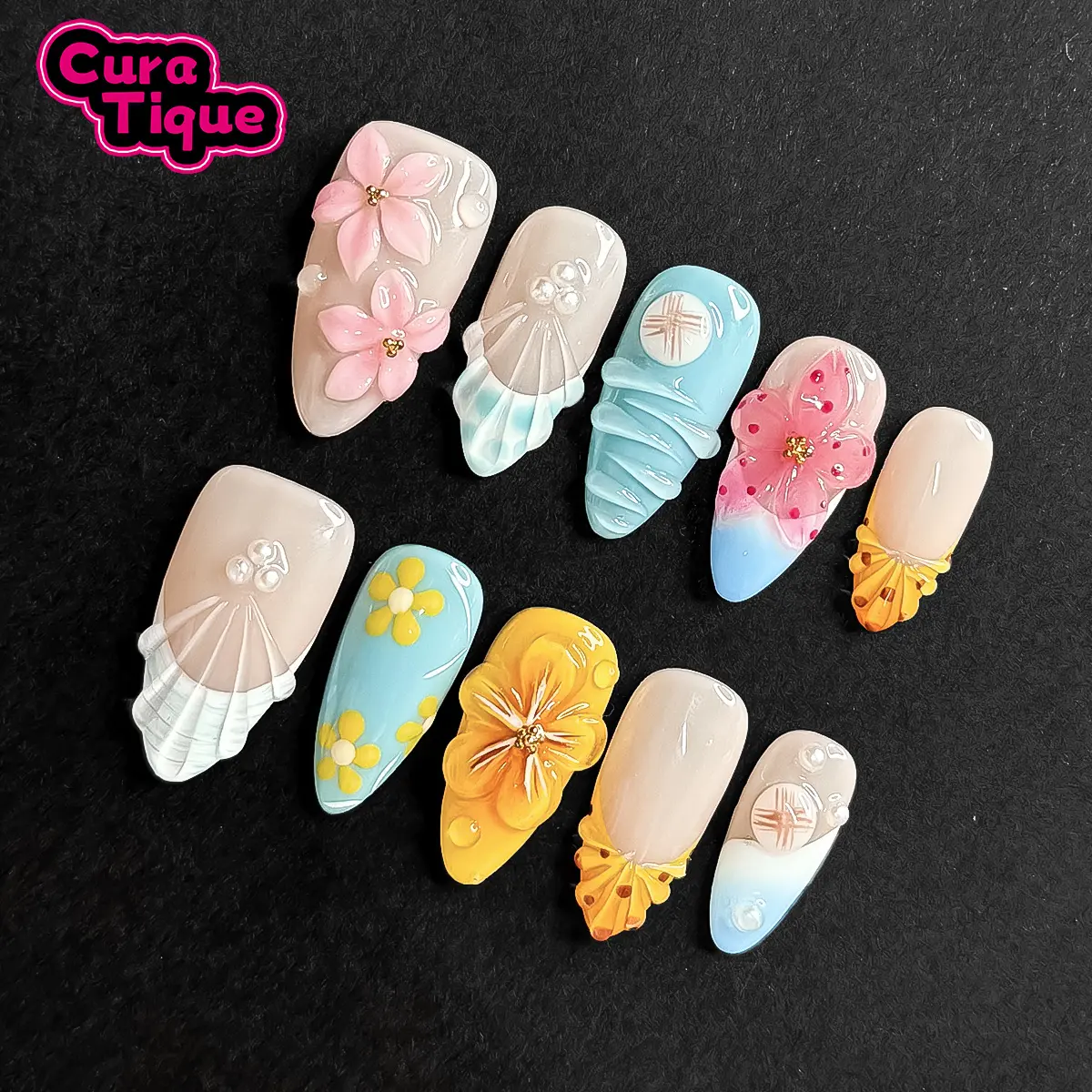 CuraTique | Dotted Dawn 10PCS Handmade Press On Nails REUSABLE 3D Gel spring/summer 2025 / Prom