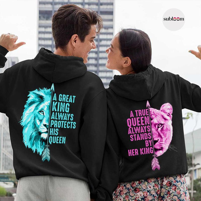 Her King and His Queen, Lion Symbolism Graphic Couple Matching Hoodies Casual  Pullover Hooded  for Women for Men, Perfect Gift  Womenswear boyfriend  tees