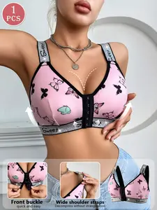 Front Buckle Wireless Bra, Butterfly Print Comfortable Push-Up, Wide Shoulder Straps, Slim-Fitting Medium Support, All Seasons, Underwear