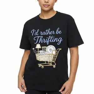 Women's "I'd Rather Be Thrifting" Graphic T-Shirt, Vintage Style Shopping Cart Print, Retro Antique Lover Gift, Funny Hobby Casual Top, Sweet Cottagecore Aesthetic, Unisex Black Shortsleeve Crew Neck Round Neck Cotton Fabric All Seasons Daily Wear Summer