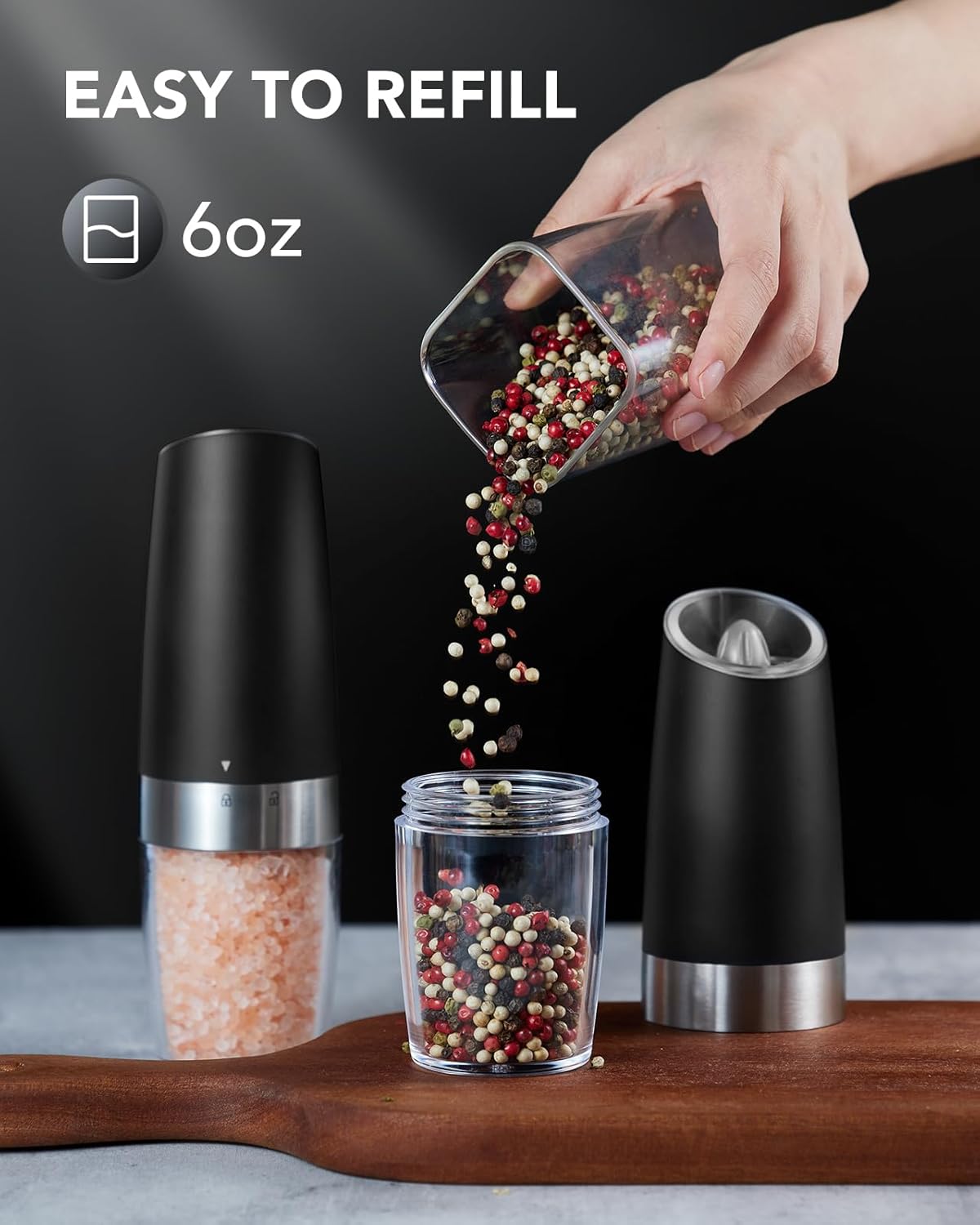 Gravity Electric Salt and Pepper Grinder Set with LED Light, Adjustable Coarseness, One Hand Operation, Upgraded Capacity Kitchen Seasoning Utensils Battery Powered Convenience
