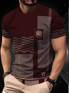 Men's & Wine Plaid Casual Streetwear Quick-Dry T-Shirt, Ethnic Pattern, Geometric, Long Sleeve, Fitted Style, All Seasons Wear