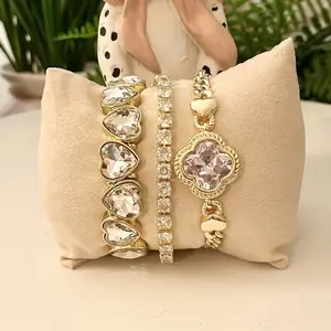 Camden Lucky Heart Bracelet Stack Trio Clover CZ Magnetic Close Tennis Bracelet & Heart CZ Stretch Bracelet Set