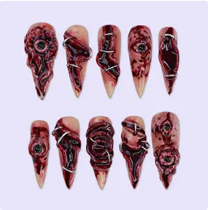 Halloween Horror Press On Nails With 3D Eyes, Stitches | Fake Nails in Long Stiletto | Spooky Handmade Nail Art for Parties, Costumes