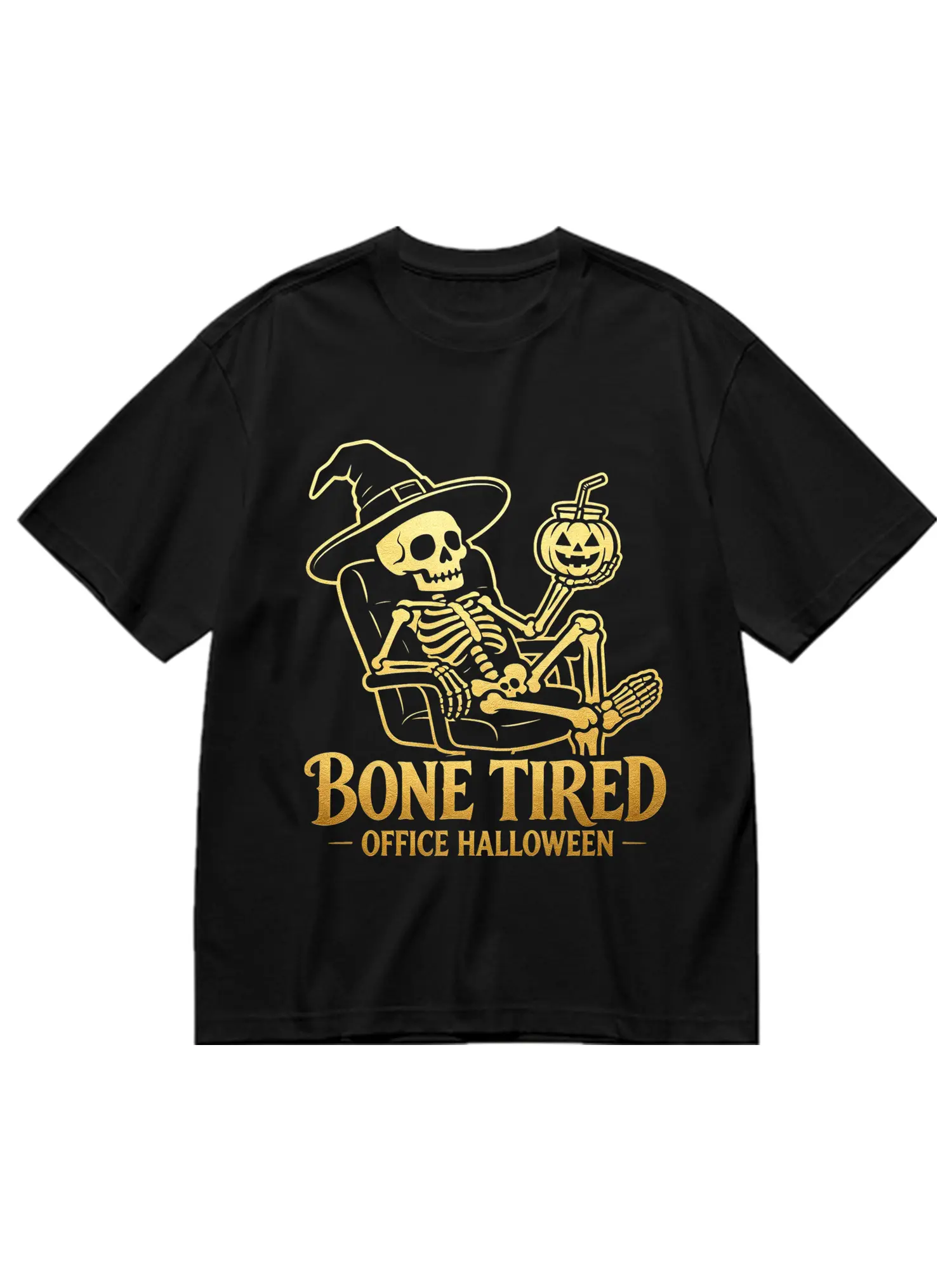 Men's Metallic Gold-Silver Foil Textured Witch Skeleton Graphic T-Shirt - Breathable Cotton Short-Sleeve Top, Funny Office Halloween Apparel, Tshirt, Shortsleeve, Hem