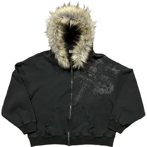 BIGWIG Black zip-up hooded jacket with faux fur - unisex street gothic style