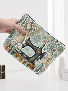 Vintage Sewing Machine Print Cosmetic Bag, Quilting & Sewing Toiletry Pouch, Lightweight Travel Makeup Organizer, Ideal Gift for Seamstress