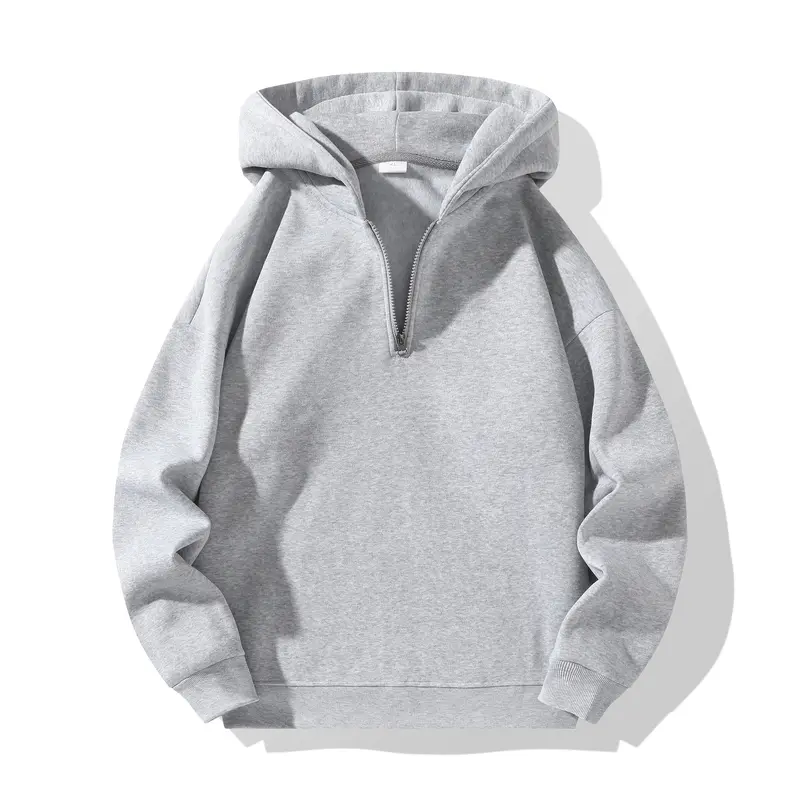 Men's Simple Plain Fleece-Lined Thick Half-Zip Hoodie Jacket - Knitwear Tops with Long Sleeves, Loose Fabric, Neutral Color, Sports & Casual Commuter Pullover, Multi-Piece Set