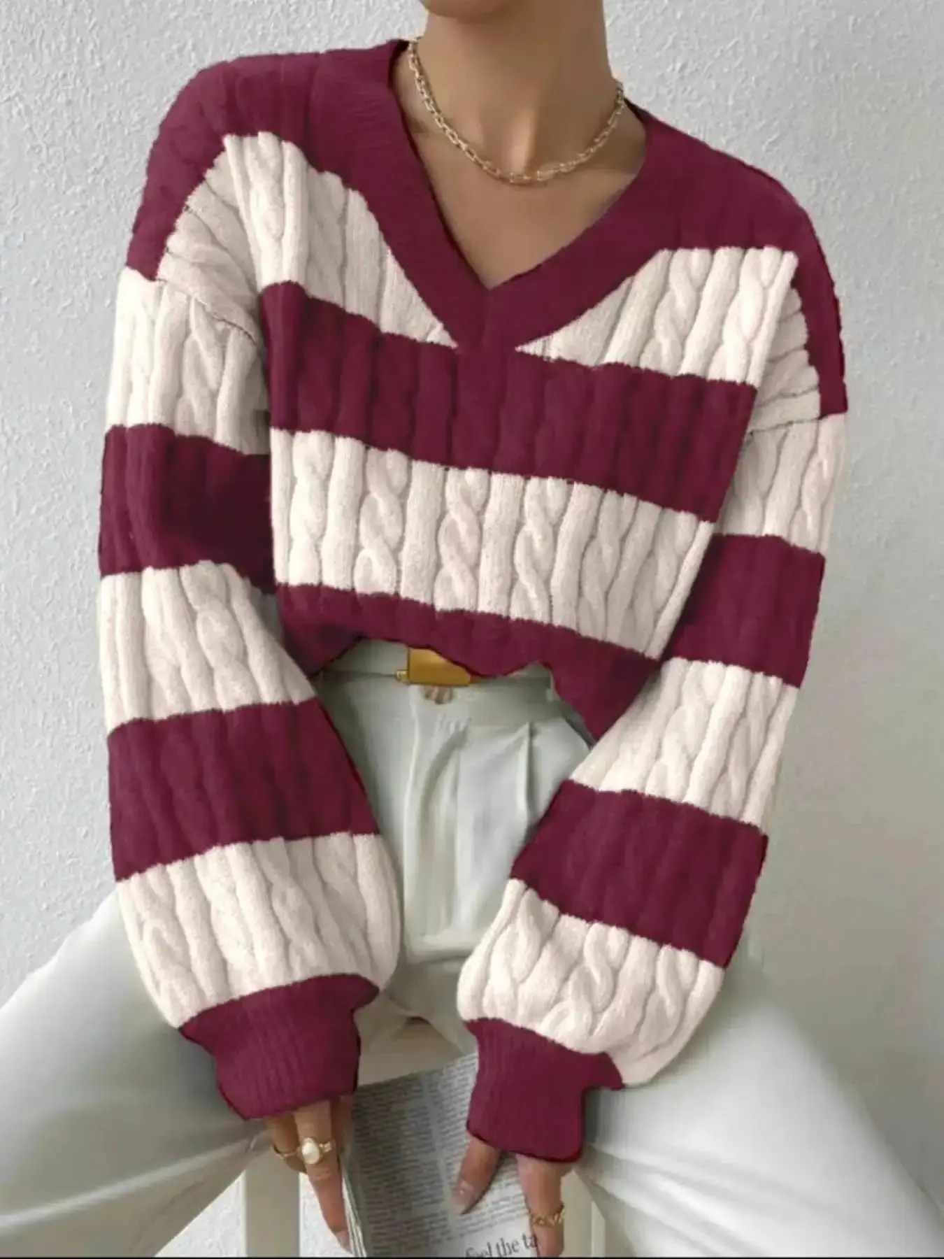 Women's V Neck Knit Sweater, Lady Long Sleeve Loose Fit Casual Cozy Jumper Retro Vintage Striped Pullover, Autumn Winter Fashion, High-End Design, Versatile Cable Pattern Top, Knitwear, Womenswear year round day to night