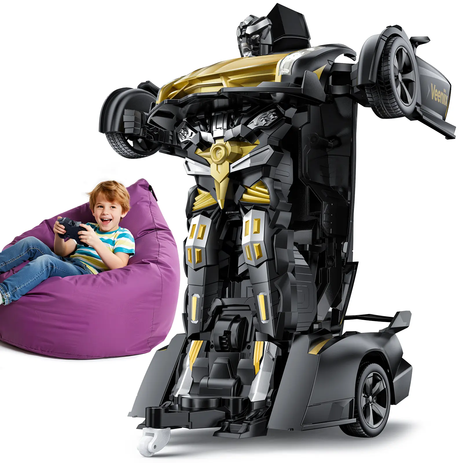 Veeniix V992 Transform Remote Control Car, Transform Robot RC Cars, 1:14 Scale, 2-in-1 Robot Toy Car with Sound & Light, Gesture Sensing, Automatic Deformation, Great Gift Toys for Boys and Girls 4-6 (Golden) Cars Kids Rc Model Car