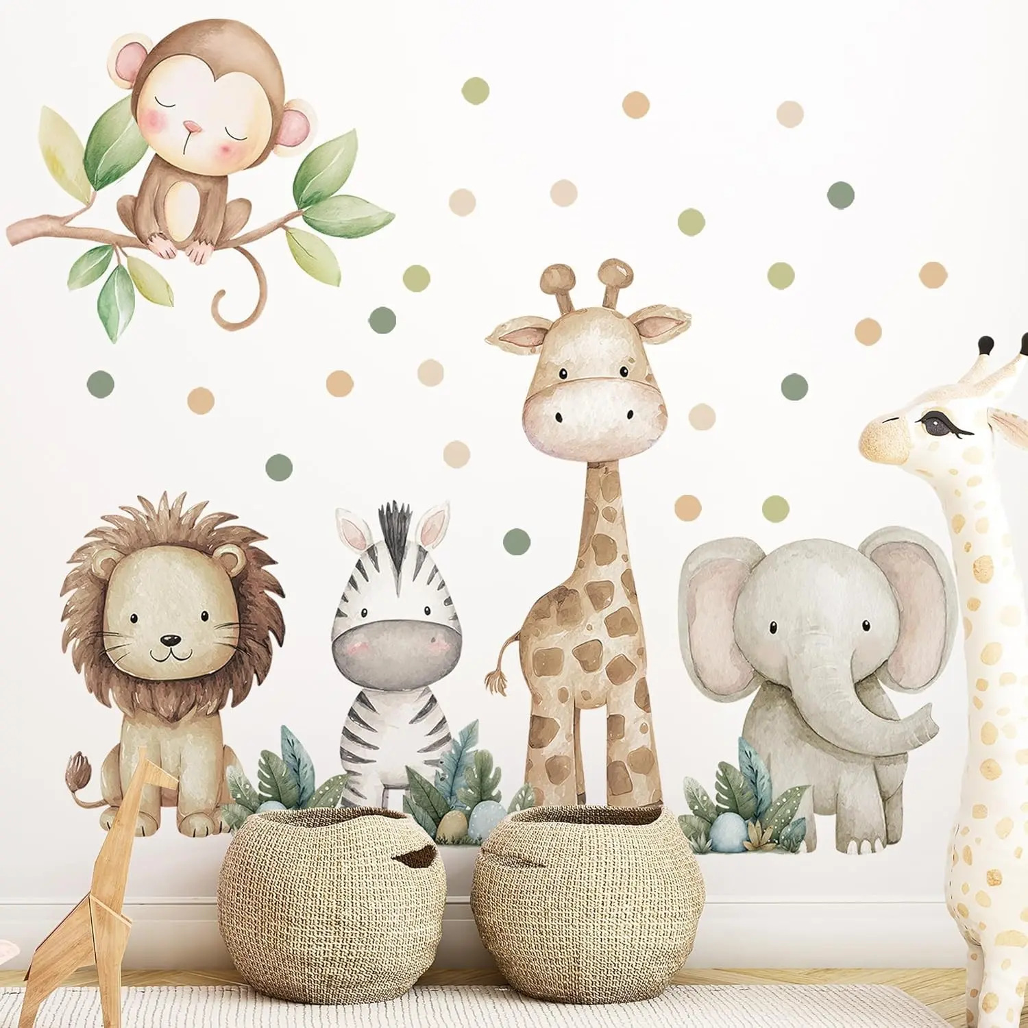 Safari Animals Nursery Wall Decal, Peel and Stick Nursery Mural Jungle Animals Lion, Elephant Wall Stickers for Kids, Boys and Girls Room, Bedroom & Toddler Room Decor (Boho Animal Dot Decals 59)