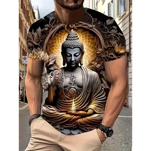 Men's Buddhist Spiritual Graphic Tee - Black to Golden Gradient Buddha Design - Lightweight Summer Shirt for Meditation, Casual Outfits & Themed Events - Machine Washable Regular Fit T-Shirt, Meditation Attire, Detailed Artwork Shirt