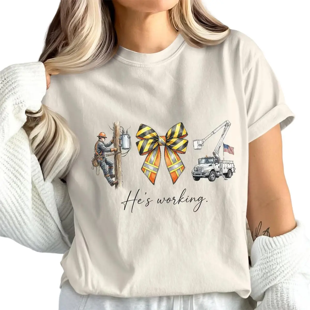 He’s Working Lineman Graphic T-Shirt, Utility Worker Tee, Lineman Family Gift Shirt