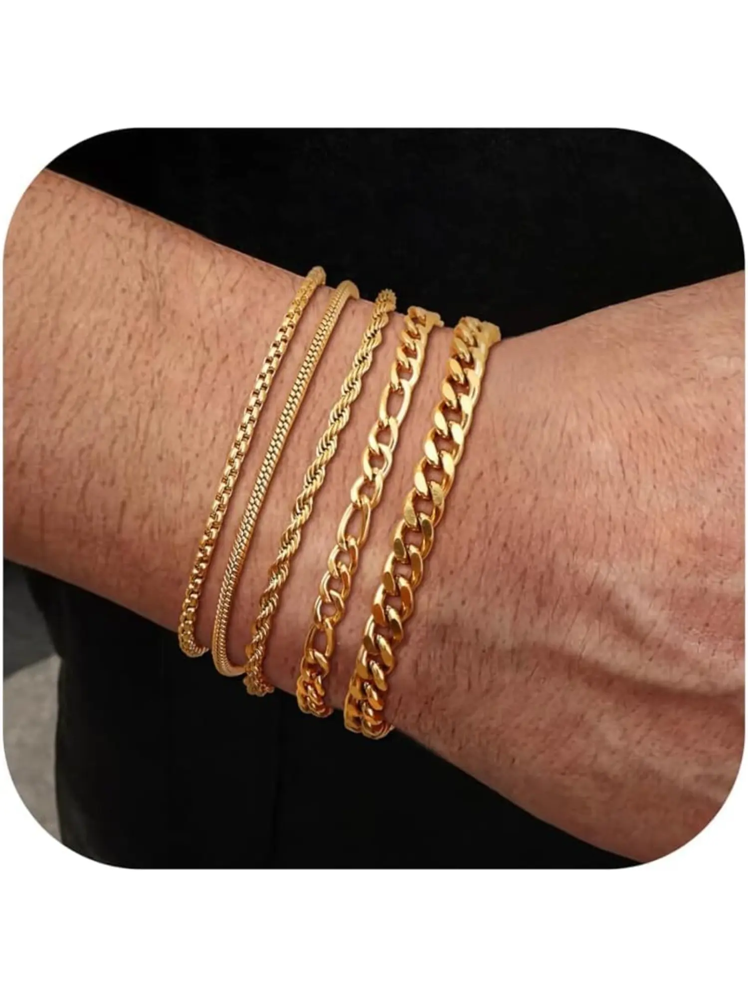 5 Pieces Bracelets Silver Gold Men Bracelets Stainless Steel Men Rope Cuban Link Bracelet Combination Set Matching Bracelets Figaro Chain for Women Gift Jewelry Men Him Father Boyfriend Husband Stackable Bracelet Metal Bracelet