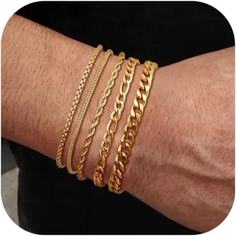 5 Pieces Bracelets Silver Gold Men Bracelets Stainless Steel Men Rope Cuban Link Bracelet Combination Set Matching Bracelets Figaro Chain for Women Gift Jewelry Men Him Father Boyfriend Husband Stackable Bracelet Metal Bracelet