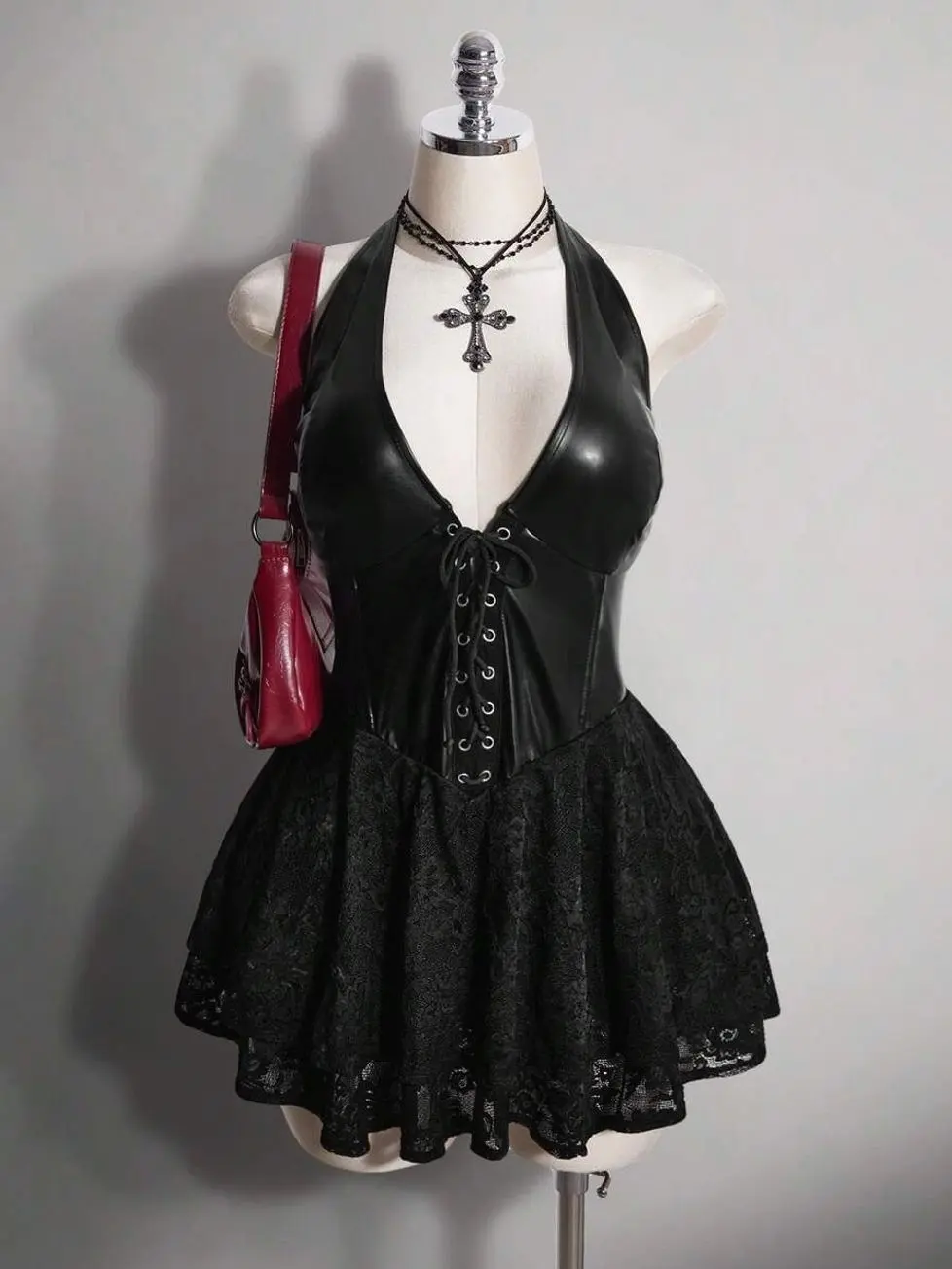Plus Size Women's Black PU Leather Mini Halter Dress, Autumn Goth Sexy Y2k Lace Up Corset, Night Out Rave Club Party Festival Outfit, Concert Clothing