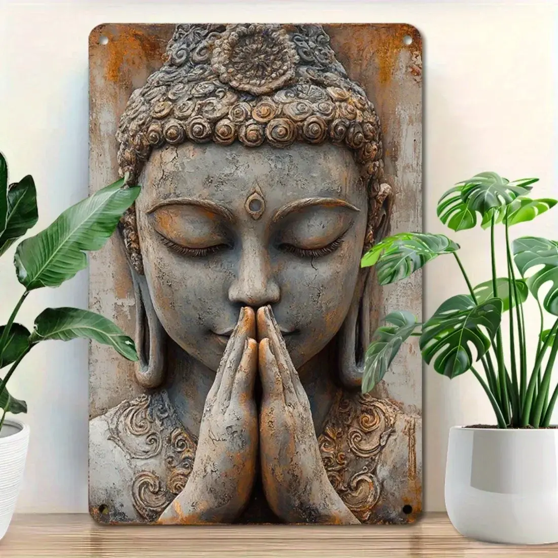 12x8 in Traditional Vintage Golden Leaf Buddha Tin Sign - Aluminum Metal Wall Plaque, Retro Home Decor for Living Space & Garden
